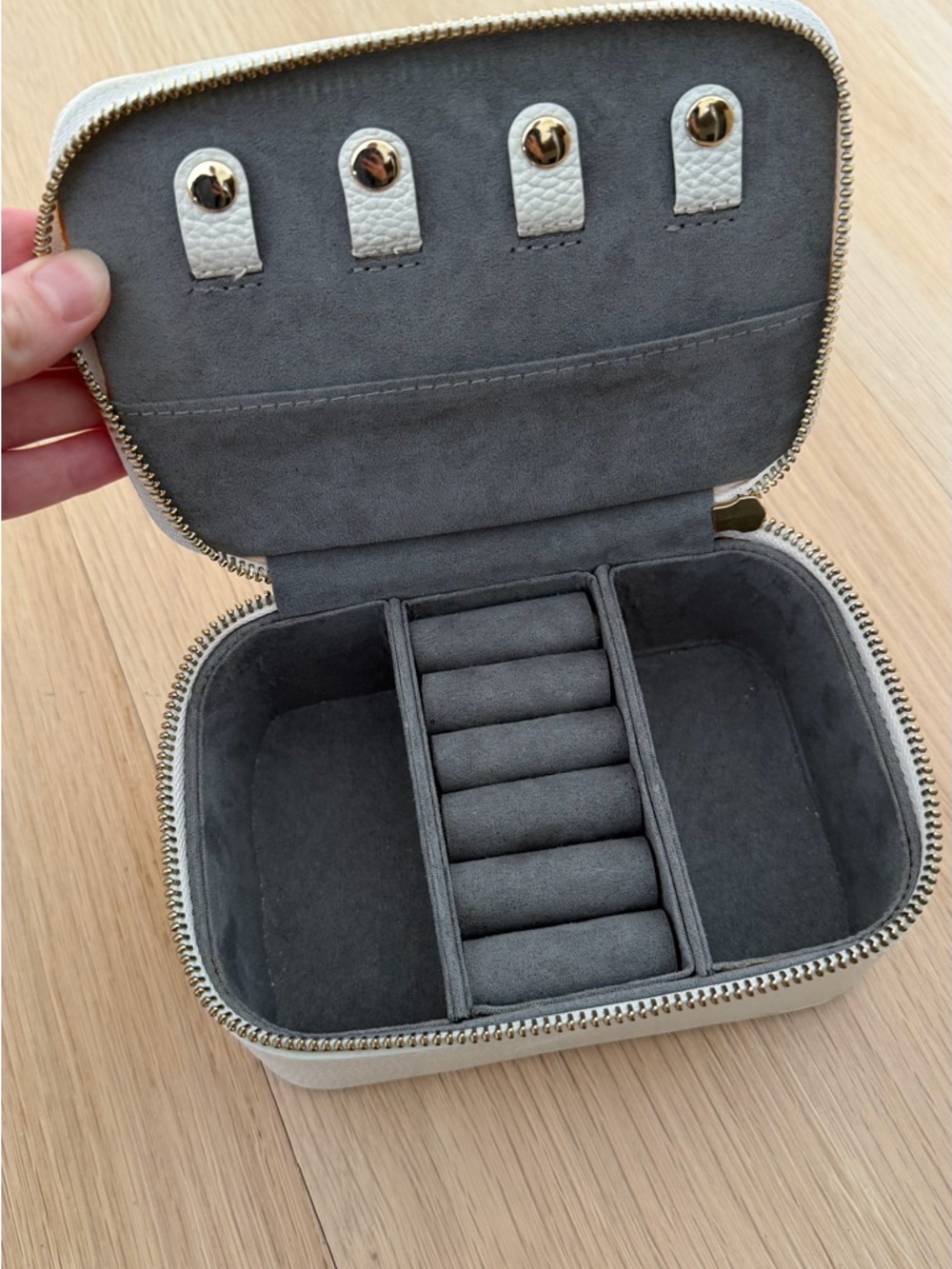 Compact Jewelry Travel Case Real Leather in Cream